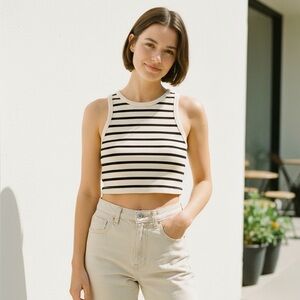 H&M Black and Cream Striped Crop Top